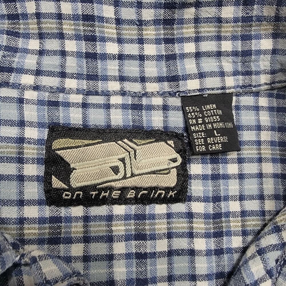 On the Brink Men's L Shirt Linen Blend Button Up Short Sleeve Plaid Pocket VTG - Picture 6 of 10